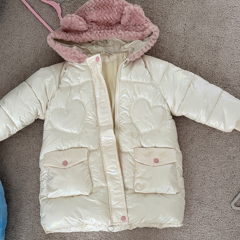 Cream Puffer Jacket with Pink Hood